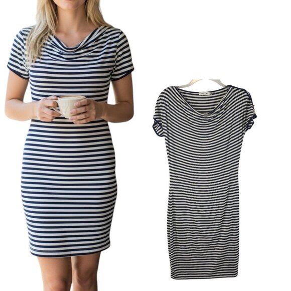 Calvin Klein Women’s Blue & White Stripe Jersey Knit Cowl Neck Dress - Size 2 - Picture 1 of 10